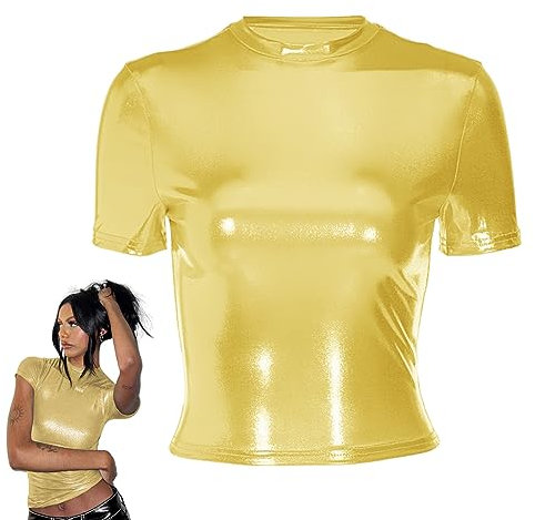 Women's Shiny Tops, Holographic Metallic Short Sleeve Slim Fit T-Shirt, Shimmer Crop Top Mock Neck Party Blouse, Glitter Sparkle Disco Tee Shirt Blouse for Festival Rave Dance Costume Clubwear Gold