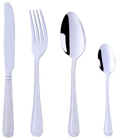 BUYER STAR 16 Piece Cutlery Set, Stainless Steel Flatware Set with Bead Pattern, Tableware Silverware Set with Dessert Spoon/Dinner Knife/Dinner Fork/Tea Spoon, Dishwasher Safe (Silver)