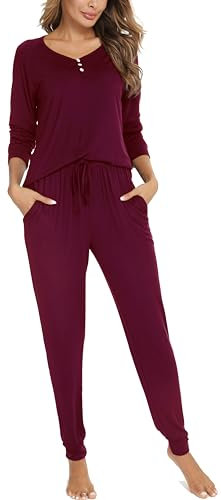 Vlazom Pyjamas Set for Women, Super Soft Pj's Sets Long Sleeve Tops and Pants Ladies Pyjamas Set with Pockets,A-Burgundy,S