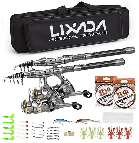 Lixada Angelruten-Kombi-Set, 1,5/1,8/2,1/2,4 m, 2 Stück, Teleskop-Angelrute, Kohlefaser, Spinnrollen, Angelset mit Haken, weiche Köder, Fasswirbel, Aufbewahrungstasche
