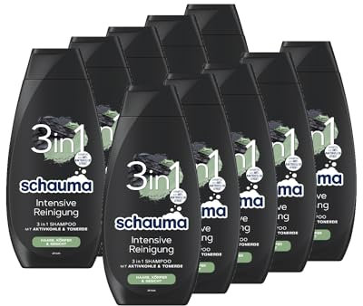 Schauma Schwarzkopf 3in1 Shampoo Intensive Reinigung (10x 400 ml), Haarshampoo für Haare, Körper und Gesicht, 3in1 Shampoo mit Aktivkohle und Tonerde reinigt das Haar gründlich
