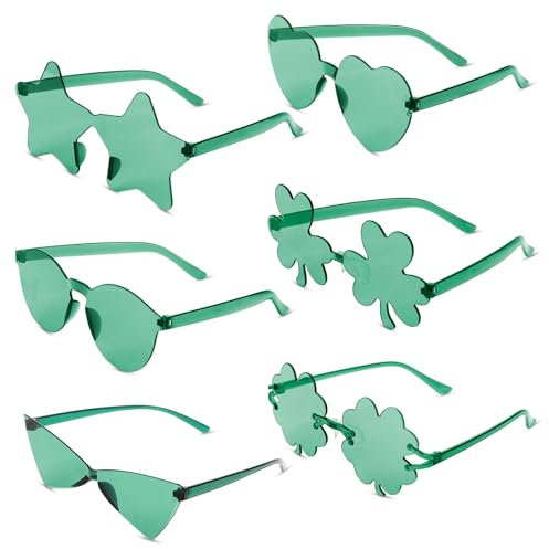 XIHIRCD 6 Paar Kleeblatt Sonnenbrille zum St. Patrick's Day, Grüne Brille Herz Stern Kleeblatt Vierblättrig Kleeblatt Brille St. Patrick's Day Accessoires Partygeschenke Brillen (6 Stile)
