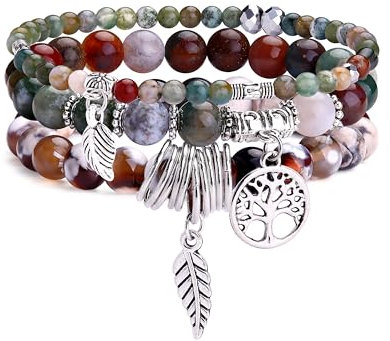 Dochais 3 Stück Boho Armbänder Damen, Yoga Armband Damen Chakra, Verstellbares Bohemian Armband, Boho Schmuck Bracelet, Rosenquarz Turmalin Edelstein Armband Set Für Damen (3 Stück, Stil 4)