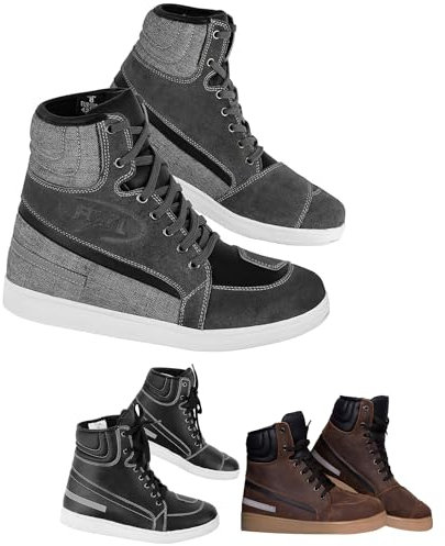 Vaster Moto Stivali da moto in pelle, punta e tallone rinforzati, stivali da motocross enduro da uomo, lacci, suola in gomma antiscivolo, approvati CE, grigio., 46 EU