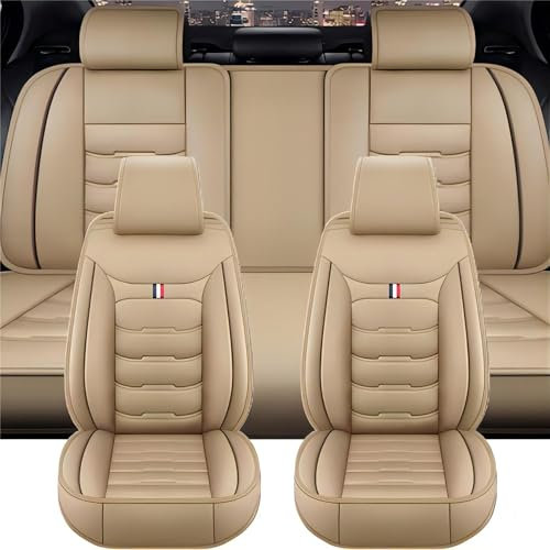 Auto SitzbezüGe für Opel Corsa 1982-2024, Leder Luxus Voll Vorderseite Und RüCkseite SchonbezüGe, Auto-ZubehöR Schonbezug AutositzbezüGe Kompatibel,A Beige