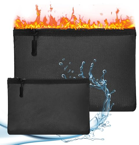 2Pcs Fireproof Document Bag,NonItchy Fireproof Wallet 34.7x25cm 20.3x14.2cm | Fire Water Proof Cash Pouch Set Insulated Money Bag with Zipper,Fireproof Banking Bag for Important Documents