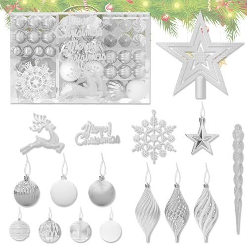 SUBTLETY Weihnachtskugeln Kunststoff 108 Stück Christbaumkugeln mit Hängeseil, Plastik Weihnachtsschmuck inkl. Baumspitze Stern, Bälle, Briefe, Hirsche, Schneeflocken für Weihnachten Deko (Silber)