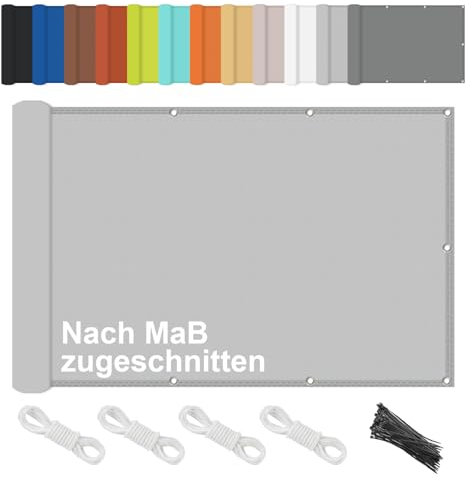 CHENG Seitenmarkise, Innen Balkonverkleidung UV-Schutz, Für Balkongeländer Terrasse Gartenzaun, Abdeckung mit Ösen und Kordel, 100% Wasserdichtes Polyestergewebe, Hellgrau, 180x450cm