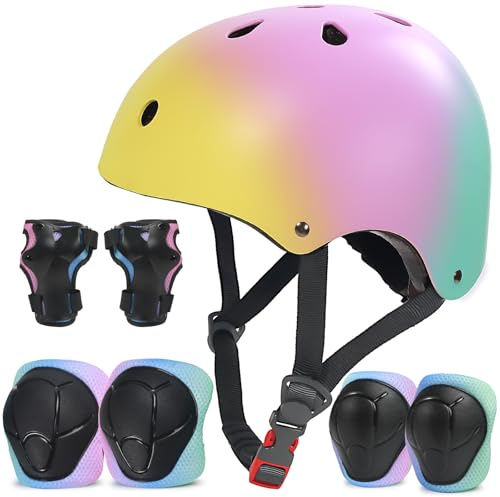 LANOVAGEAR Kinderhelm mit Knieschützern Ellbogenschützern Handgelenkschützern Schonerset Kinder Helm 7 in 1 für Skateboard Radfahren Scooter Roller Skate Bike (Gelb Rosa Grün, M)