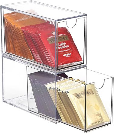OGANAZI 2 Stück Transparent Teebeutel Organizer Acryl Aufbewahrungsbox mit Schubladen Stapelbar Schubladenboxen für Kaffeekapseln, Schreibwaren, Schmuck, Kosmetik Teebox für Küche, Speisekammer, Büro