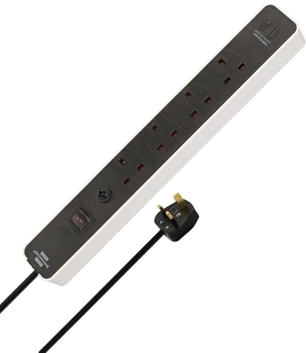 Brennenstuhl Ecolor 4 way Extension Lead with USB C slots (Power Strip 4-way with safety fuse button, switch and 3m cable, 90° angle of sockets) white/black