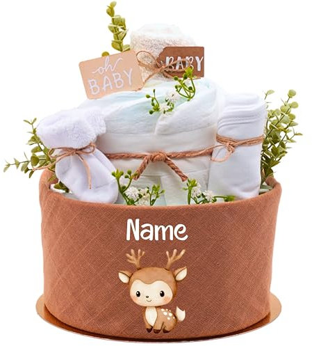 Trend Mama | Windeltorte mit Namen personalisiert | Design Reh | 27 Windeln, Musselintuch, Lätzchen, Kuschelsocken & Spucktuch|Geschenk Geburt