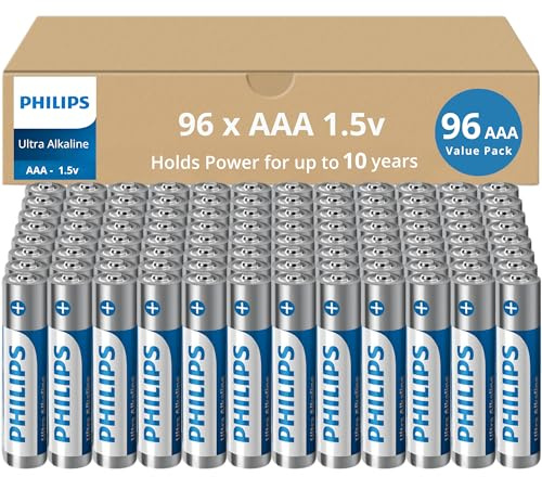 PHILIPS Lot de 96 piles AAA ultra alcalines de 1,5 V - Triple AAA - Durée de vie de 10 ans - Batterie AAA longue durée - 129 % de puissance en plus - Performance supérieure - Anti-fuite.