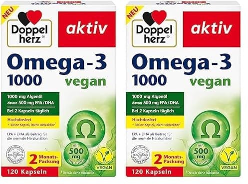 Doppelherz Omega-3 1000 vegan - Hochdosierte Omega-3-Fettsäuren EPA und DHA aus pflanzlichem Algenöl - 120 kleine, leicht schluckbare Kapseln (Packung mit 2)