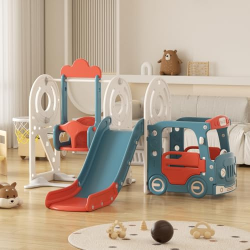 Rutsche mit Klettergerüst für Kinder: Indoor Spielplatz mit - Aufbewahrungsbox Tunnel Treppenleiter Basketballkorb und Durchgangsbereich Gartenrutsche (Bus Set-H-Red)