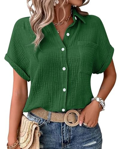 Tshirt Damen, Musselin Bluse Damen Shirts Bluse Elegant Tunics Sommer Tshirt Kurzarm Leinen Knopf Bluse Lange Oversized T-Shirt Casual für Legging, dunkelgrün XXL