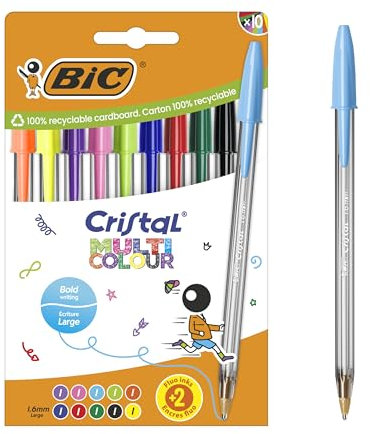 BIC Cristal Multicolour Stylos-bille Pointe Large (1,6 mm) - Encres classiques, fluos et fantaisie de couleurs assorties, pack de 10