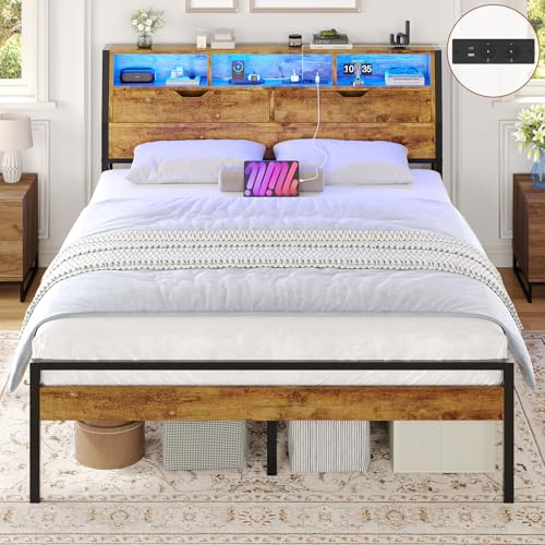 Brinlawb Cadre de Lit 140 x 190 avec Sommier Métal lit 2 Personnes avec Lumières LED et Multiprise(2 Prises AC, 1 Port USB-A, 1 USB-C) Lit 140x190 avec Rangement, Facile à Assembler, Marron Vintage