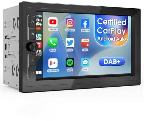 Haudio Radio Coche de 2 DIN con Certificado Apple Carplay y Android Auto, Dab Pantalla Táctil HD 7 Pulgadas, Mirror Link, Control por Voz, GPS, WiFi y Bluetooth, Cámara de Visión Trasera, FM/USB/AUX