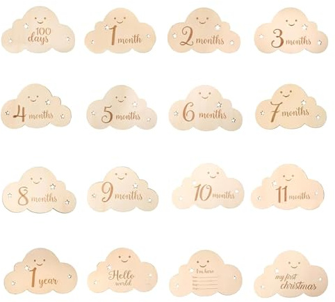 Galenecx 8 Stück Meilensteinkarten Baby, Wolkenform Meilensteinkarten | Hochwertigem Holz Meilenstein Karten Set Als Geschenk zur Geschenkidee zur Geburt Taufe