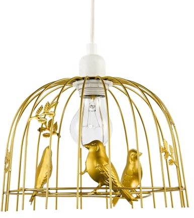 Birdcage Pendant Lamp Shade in Satin Gold Metal with 3D Birds and Leaves - Shabby Chic Style | 25cm x 16xm | for Bedroom Dining Room Lounge etc by Happy Homewares