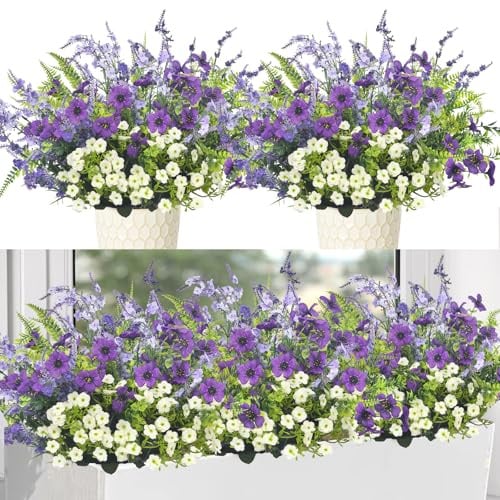 SHEPIN 12 Bündel Kunstblumen für Draußen, Künstliche Blumen Outdoor Wetterfest Balkonpflanzen Petunien Balkonblumen Seidenblumen Wie Echt Kunstpflanze (Lila, Weiß)