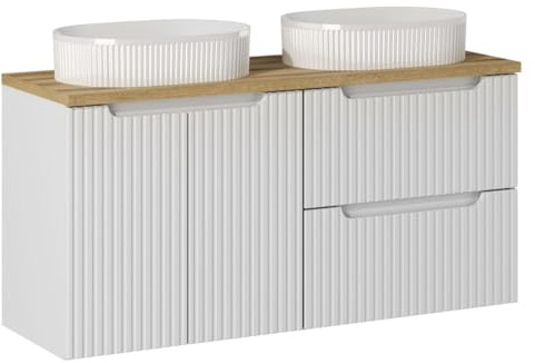 Deconation Meuble Double Vasques à Poser + Plateau Effet Chêne 120 Cm - A Portes + Tiroirs - Astral Blanc