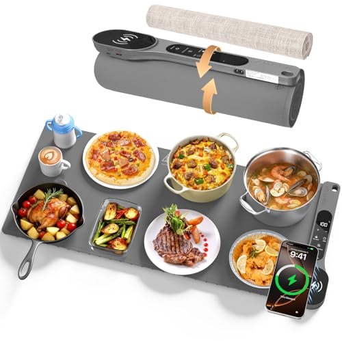 Neue Warmhaltematte für Speisen mit Kabelloser Ladefunktion, 34×15 Zoll | 7 Einstellbare Temperaturen & 8 Stunden Timer, Rollbarer lebensmittelechte Silikon Warmhalteplatte für Partys, Buffets (Grau)