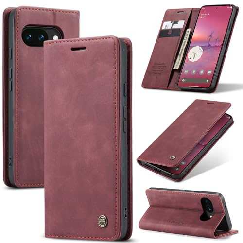 Monweicz Handy Hülle für Google Pixel 10a Hülle Premium Leder Hülle Klappbar Flip Case Tasche Magnet Kartenfach Standfunktion Klapp Hülle Schutz Hülle für Google Pixel 10a- Weinrot