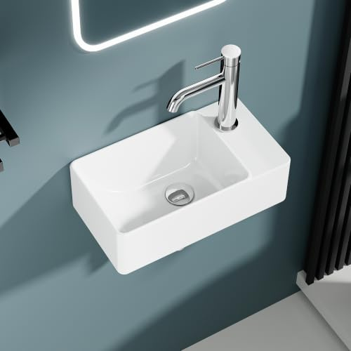 DILECI Lave-Mains Rectangulaire Compact en Céramique Blanche – Vasque à Poser Petite Taille Sortie Droite – Lavabo Design Moderne pour Petites Salles de Bain et Toilettes – 40x22x13 cm