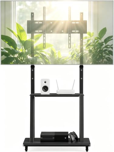 Fushabana TV Stand on Wheels for 40-70 Inch LCD/LED/Curved/Plasma TVs, Height Adjustable 123-155cm,Max Load 60kg,Heavy Duty Rolling TV Stand with Media Shelf, Lockable 360° Swivel Casters