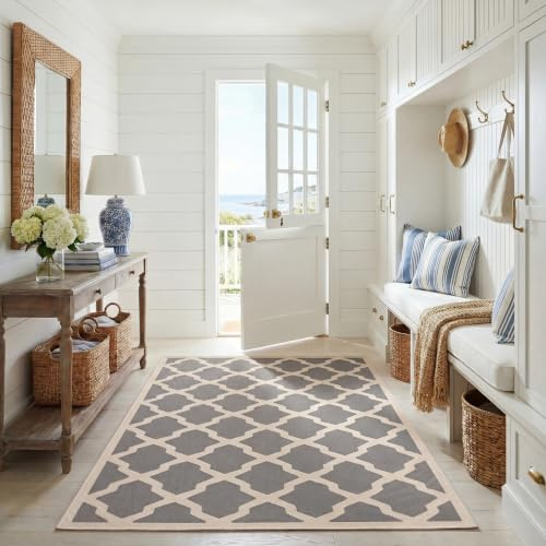 SAFAVIEH Washable Rug Outdoor Courtyard Collection - 5'3 x 7'7, Anthracite & Beige, Non-Shedding & Easy Cleaning, Ideal for Patio, Backyard, Mudroom (CY6903-246)