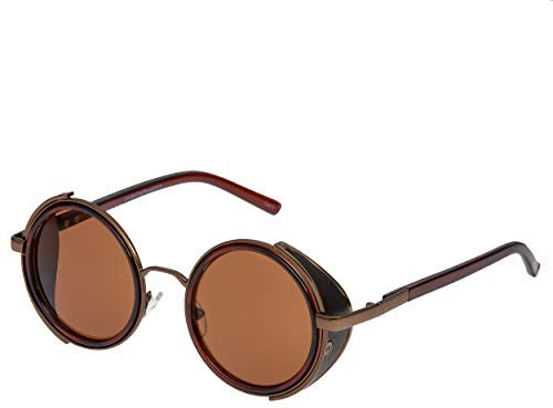Ultra Braun Rahmen Bruan Linsen Steampunk Sonnenbrille Retro Damen Herren Rund Rave Gothic Vintage mit Scheuklappen UV400 Schutz Metall Unisex