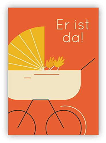 Kartenkaufrausch 10 Stck Coole orange Retro Baby Glückwunschkarte zur Geburt eines Jungen mit Vintage Kinderwagen: Er ist da! schöne Willkommens Grußkarte zur Geburt für Mutter und Kind