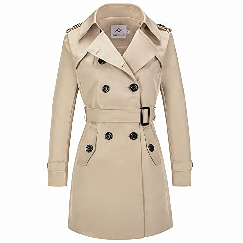 FARVALUE Zweireihiger Damen-Trenchcoat, wasserabweisend, Windbreaker, klassischer Reversmantel mit Gürtel, A-Khaki, M