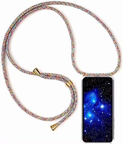 Bigcousin Handykette kompatibel mit Huawei Mate 20 Lite,Handyhülle mit Band,Transparent Silikonhülle,Schutzhülle mit Kordel in Gelber Regenbogen