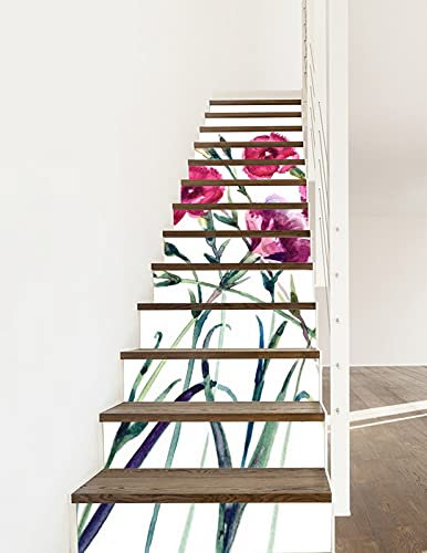 A.Monamour 3D Self-Adhesive Removable Stair Stickers Pink Rose Color Carnations Flower Botanical Watercolor Vinyl Stair Riser Decals Kitchen Tile Stickers Mural Wall Stickers Wallpaper 13 Pieces