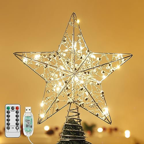 Lewondr Punte di Albero di Natala a Forma di Stella a Cinque Punte in Metallo con Base Spirale, Puntale dell'Albero di Natale, Avvolte dalle Catene di Perline e con Luci Integrate Calde, Argento