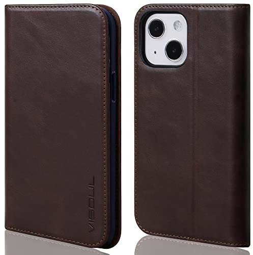 VISOUL Hülle für iPhone 13 Handyhülle Schutzhülle TPU [Erstklassiges Echtleder] [Kartenfach] [Magnet] [Standfunktion], Stoßfest Telefon Lederhülle Kompatibel mit iPhone 13 6,1 Kaffee