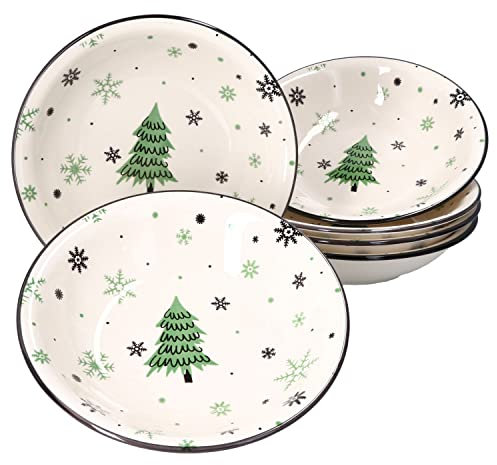 MamboCat Weihnachtsbaum 6er Set Suppenteller I 450ml I 6 Personen I Ø 22 cm I große Soup-Bowl für Weihnachten I Mit Tannenbaum & Schneeflocken I Pastateller, Spaghetti-Teller, Salat-Schüssel Steingut