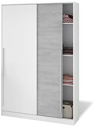 Habitdesign Armario 2 Puertas Correderas con Estantes y Barra, 200x120x50 (AltoxAnchoxFondo - en cm), Color Blanco Artik y Cemento, Modelo Indira