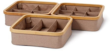 Lumaland faltbarer Organizer mit Bambus-Rahmen im 3er Set drei Boxen mit unterschiedlich großen Fächern 30 x 30 x 9 cm (3/4/9 Aufteilung), Taupe