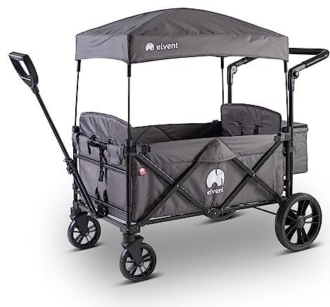 elvent® Allrounder City Bollerwagen - faltbar mit Dach | Sitzpolster, Hecktasche, Feststellbremse, 5-Punkt-Gurt I 2 Kinder (Grau)