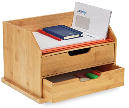 Relaxdays Schreibtisch-Organizer, 2 Schubladen, Büro, Ablage für Briefe & Dokumente, HBT 24 x 36 x 28 cm, Bambus, natur, Farbe - Hellbraun