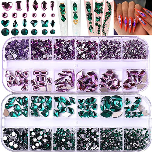 BELICEY Emerald Green Crystal Rhinestones Nail Art 2120Pcs Purple Diamond for Nails Flatback Round Stones Gem Rhinestone Beads for Nail Art DIY Jewelry Crafts Accessories
