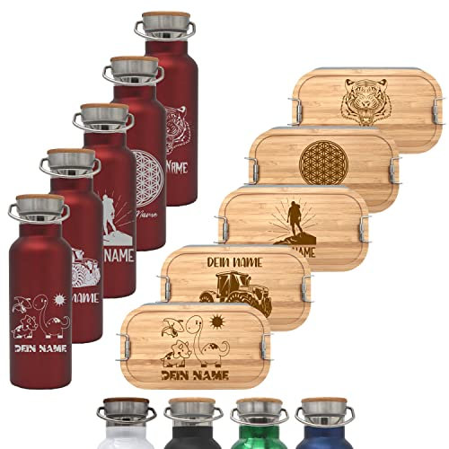Generisch Brotdose mit Fächern und Trinkflasche 500ml mit Namen personalisiert, Brotzeitbox und Isolierflasche für Kinder und Erwachsene (ROT)