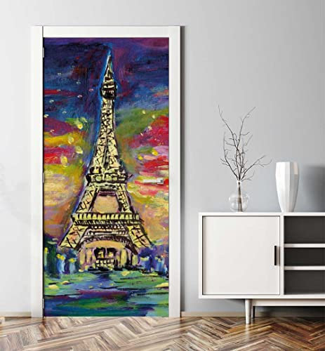 MyMaxxi - Tür bekleben mit Türtapete Türposter Türfolie Selbstklebend 90x200 Eiffelturm bunt - Tür verschönern Türaufkleber Türklebefolie Paris Kultur Sehenswürdigkeit