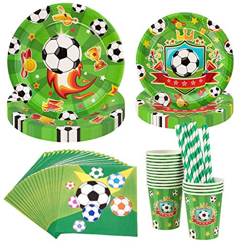 PHOGARY 84PCS Fournitures de Fête de Football, Football Vaisselle Set Décorations de Fête de Football pour 16 Invités, Assiettes Tasses, Serviettes, des Pailles pour la fête d'anniversaire World Cup