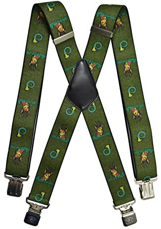 Olata Heavy Duty Herren-Hosenträger X-Form mit Jagdmotiv und gravierten Hosenträger-Clips – 4 cm. Jagdhorn