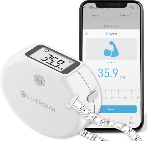 Silvergear® Smart Körperumfangmaßband | Bluetooth Fitnessmaßband | Intelligentes Maßband mit App | Körpermaßband Muskelaufbau oder Schwangerschaftsbauch | Smart Körper-und Umfangmaßband Zoll-CM | Weiß